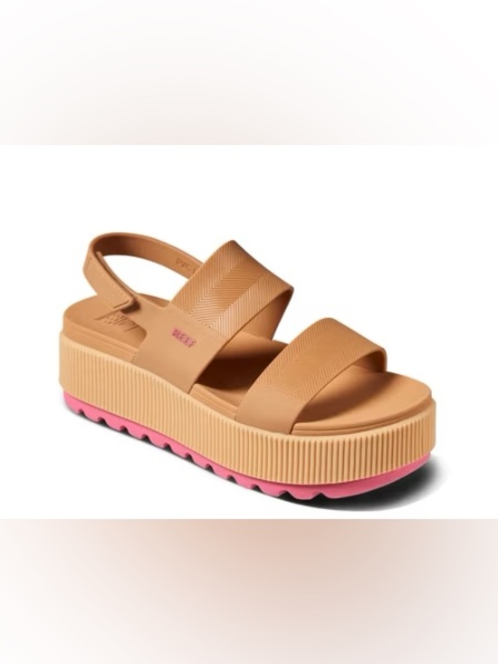 Reef Shoes - Reef Women’s Water Vista Higher Tan Platform Sandal with Pink Outsole Accent